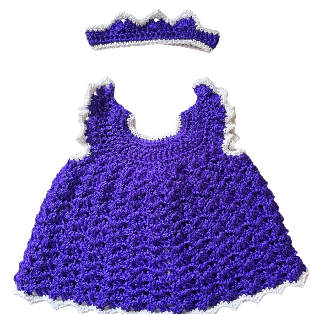 Purple and White Crochet Kids Dress with Headband